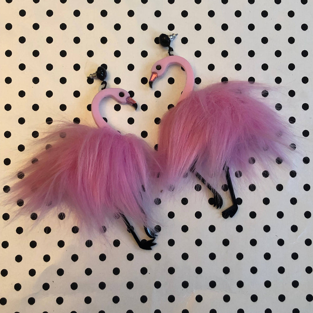 Pom Pom Fluff Pink Flamingo Earrings, Laser Cut Acrylic, Plastic Jewelry