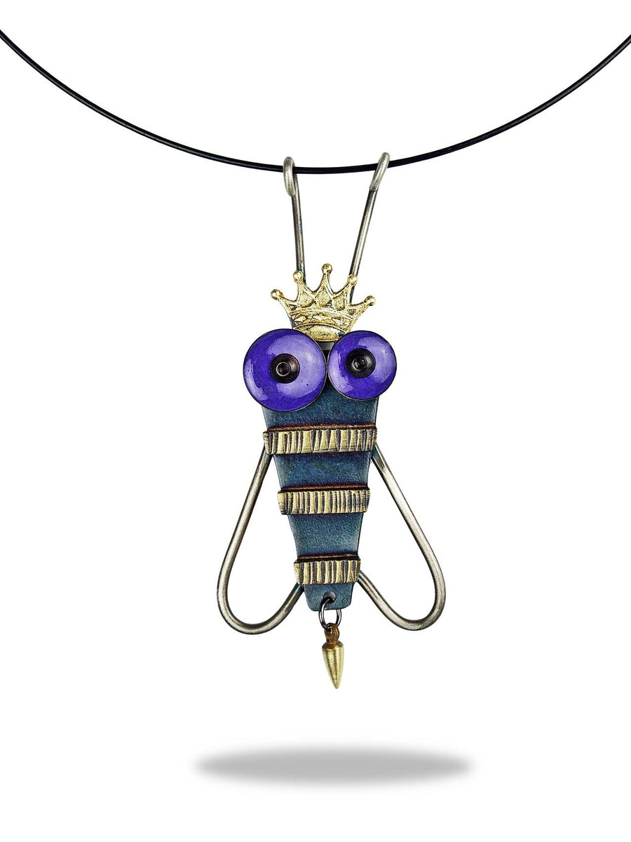 Queen Bee Necklace — articulated brass bee with gold leaf and purple epoxy resin eyes by Chickenscratch