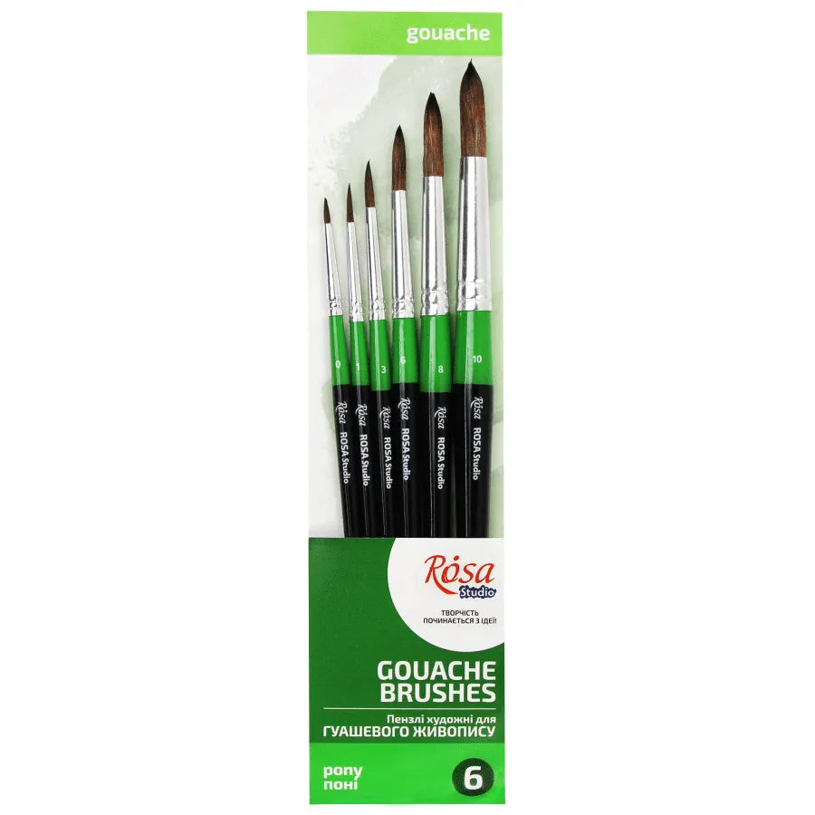Rosa Studio Set of paint brushes 9. Pony. 6pc. Round N 0,1,3,6,8,10. Short Handle.
