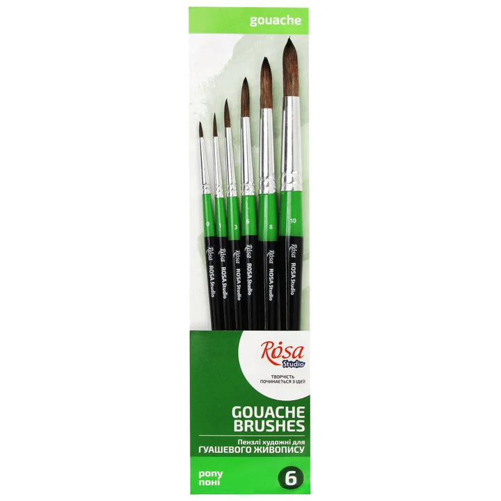 Rosa Studio Set of paint brushes 9. Pony. 6pc. Round N 0,1,3,6,8,10. Short Handle.