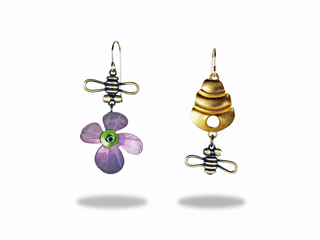 Bee Line Earrings Pink — mismatched pink flower, cast brass bees, and gold skep earrings by Chickenscratch