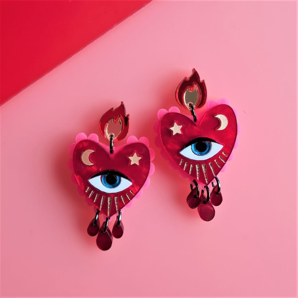 Flaming Heart Earrings by Cherryloco Jewellery