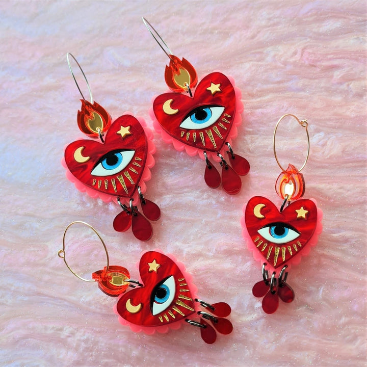 Flaming Heart Hoop Earrings &ndash; Two Sizes by Cherryloco Jewellery