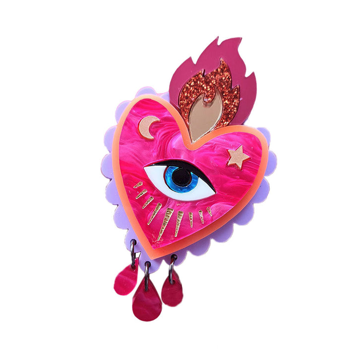 Flaming Heart Statement Brooch- Pink Neon Orange by Cherryloco Jewellery 1