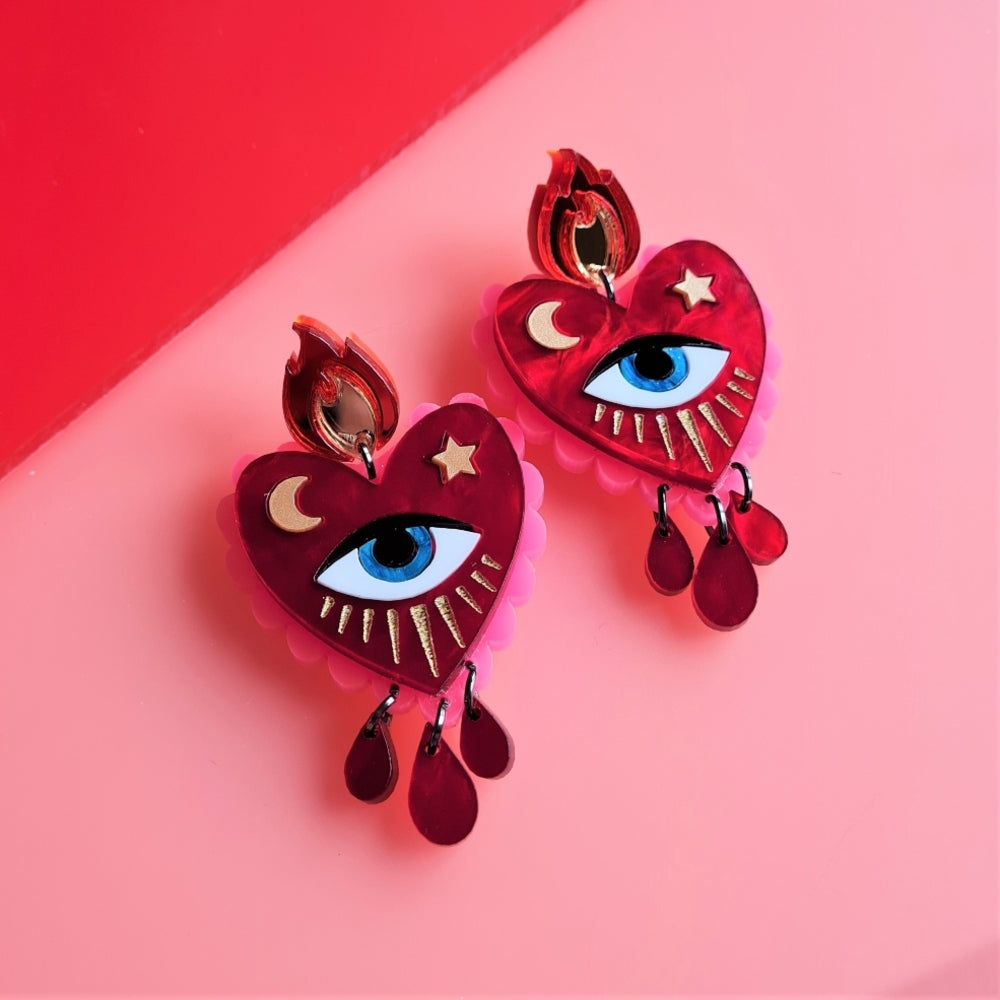 Flaming Heart Statement Earrings by Cherryloco Jewellery 1