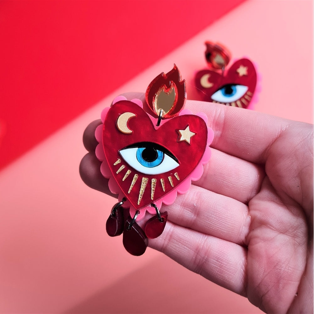 Flaming Heart Statement Earrings by Cherryloco Jewellery 2
