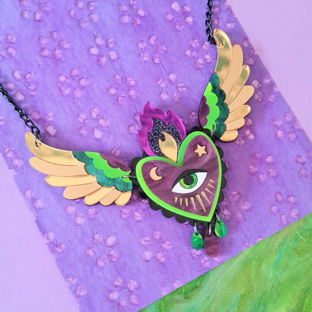 Flaming Winged Heart Statement Necklace - Neon Green and Purple 