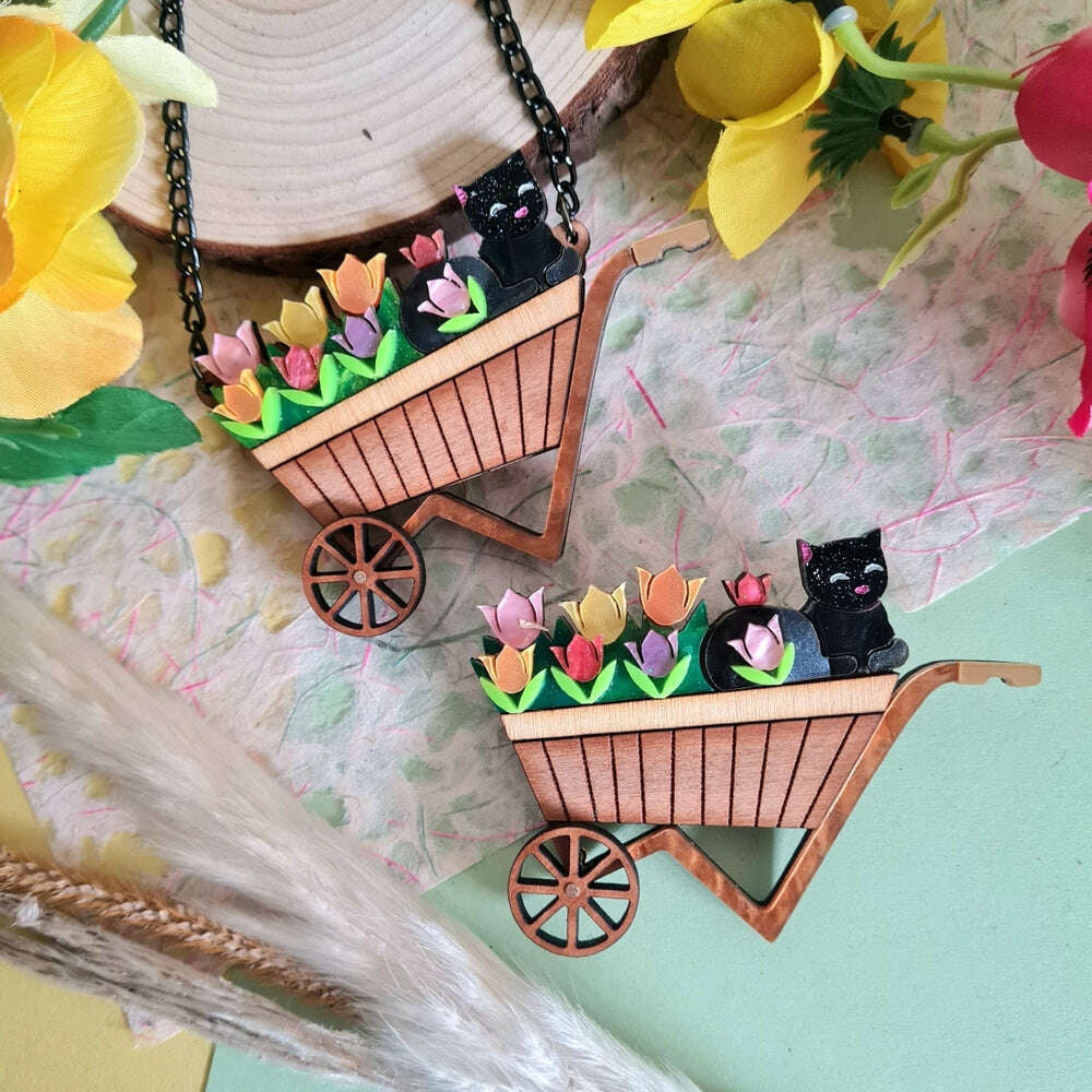 Floral Garden Wheelbarrow Brooch or Necklace by Cherryloco Jewellery 