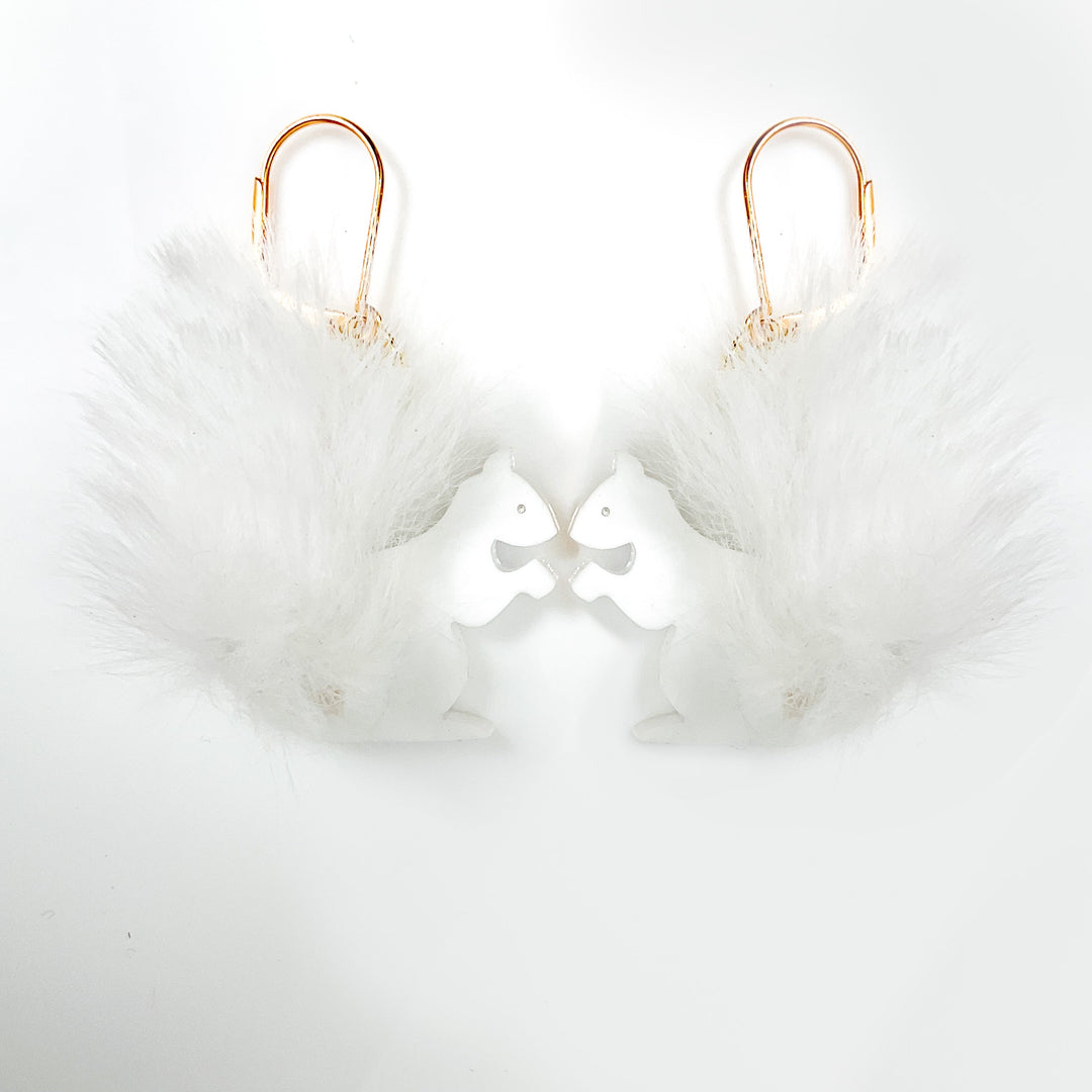 LAST CHANCE! Fluffy Lucky Albino Squirrel Dangle Earrings with Faux Fur