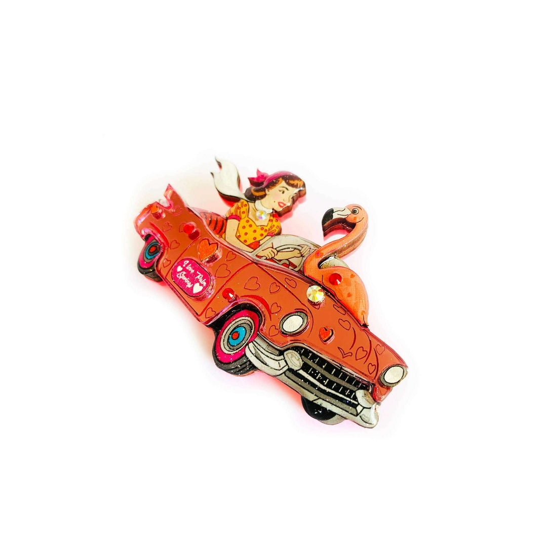 Frankie & the Flamingo Car Brooch by Rosie Rose Parker
