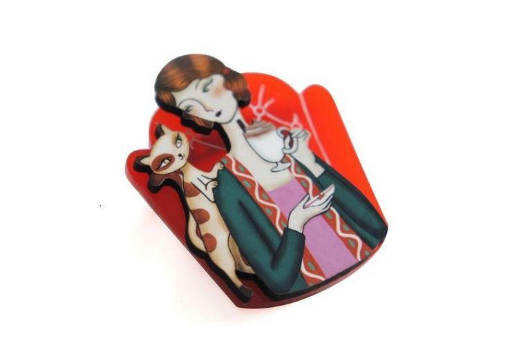 Girl and Cat with Eggnog Brooch by Laliblue - Quirks!