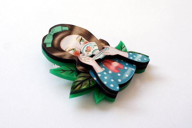 Girl Drinking Tea Brooch by LaliBlue - Quirks!