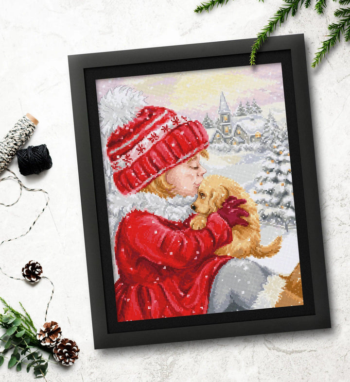 Girl Kissing Puppy BU5027l Counted Cross-Stitch Kit