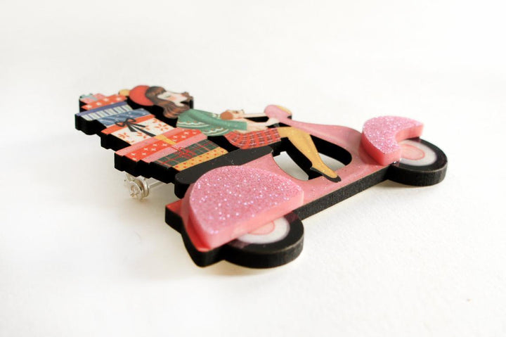 Girl on Scooter with Gifts Brooch by Laliblue - Quirks!