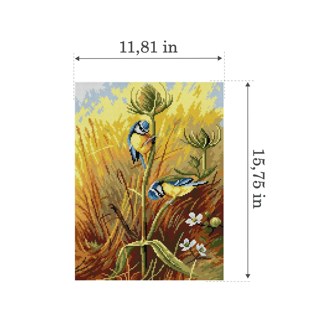 Gobelin canvas for halfstitch without yarn after Archibal Thornburn - Bluetits on a Teasel
