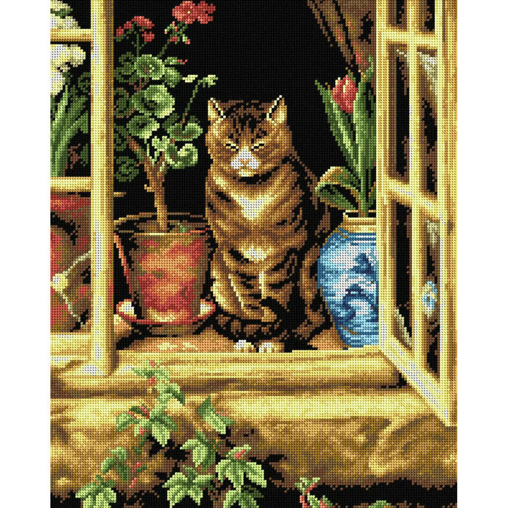 Gobelin canvas for halfstitch without yarn after Ralph Hedley - Cat in Cottage Window 2264M