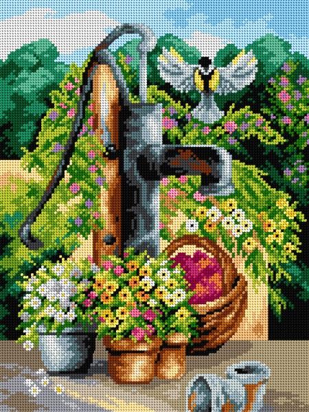 Gobelin canvas for halfstitch without yarn Waterpump in Flowers
