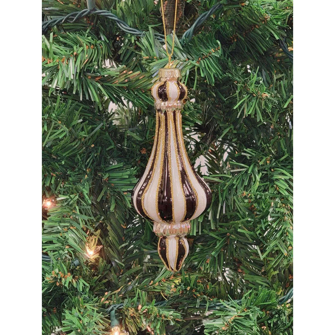 Gold and White Striped Finial Glass Christmas Ornament F07M7-6-LH76-23037