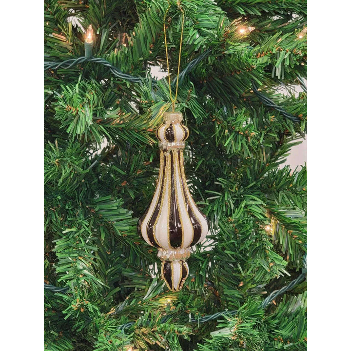 Gold and White Striped Finial Glass Christmas Ornament F07M7-6-LH76-23037