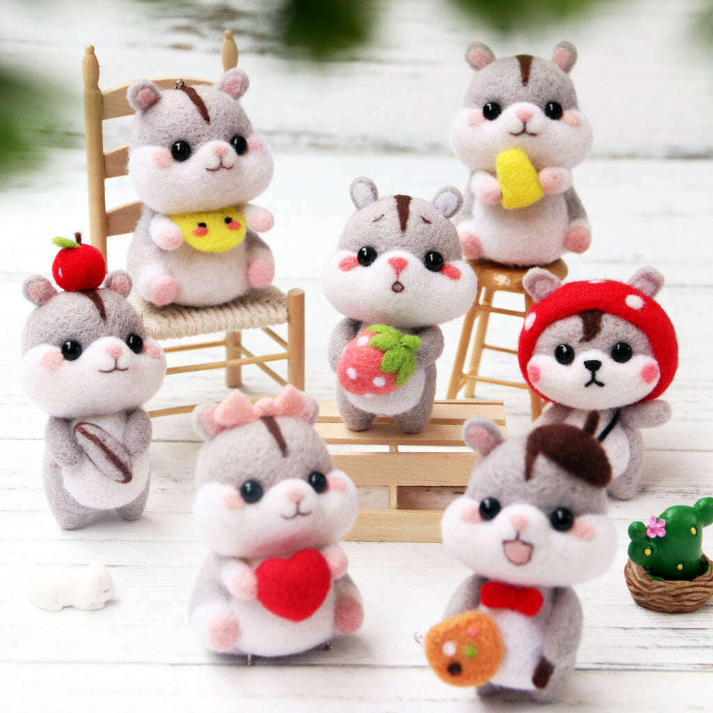 Hamster with Cherry Needle Felting Kit. Wizardi DIY Wool Craft Kit F07N8-128