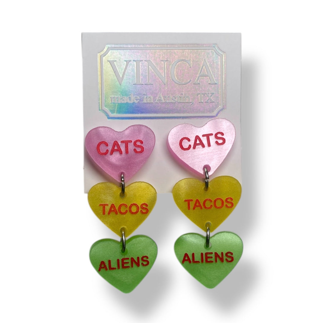 Last Chance! Cats Tacos Aliens Candy Heart Dangle Earrings