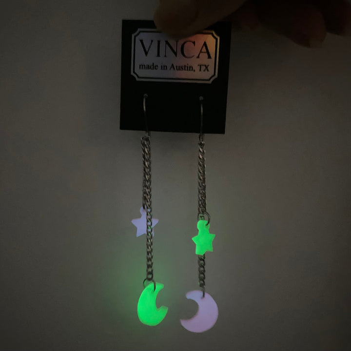 Limited Edition! Moon and Star Dangle Earrings in Glow-in-the-Dark Pink & Green