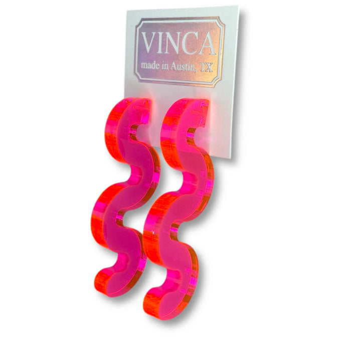 Chunky Squiggle Statement Earrings - Black Light Reactive Clear Pink