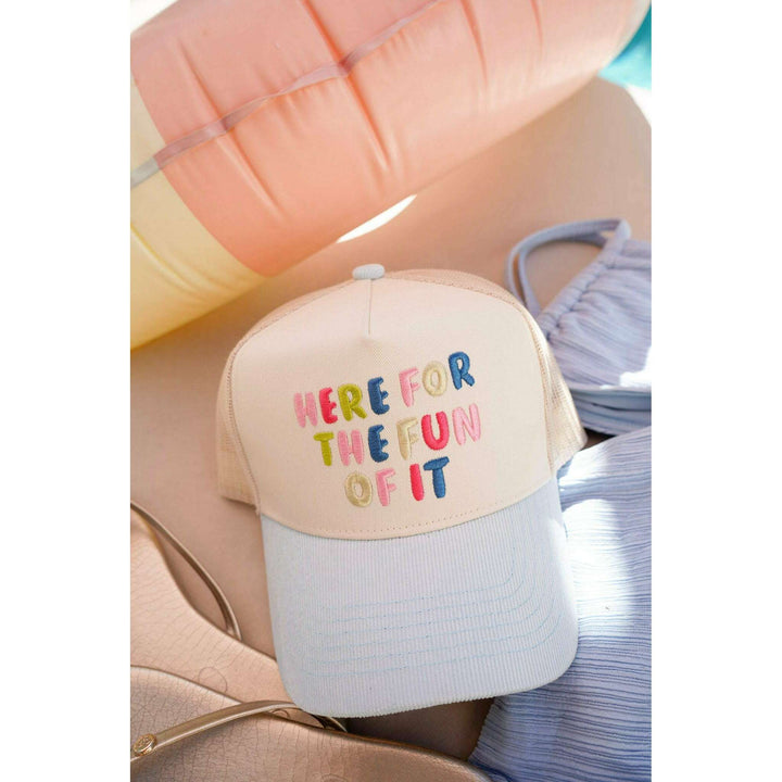 Here for the Fun of it - Baby Blue Corduroy Trucker Hat