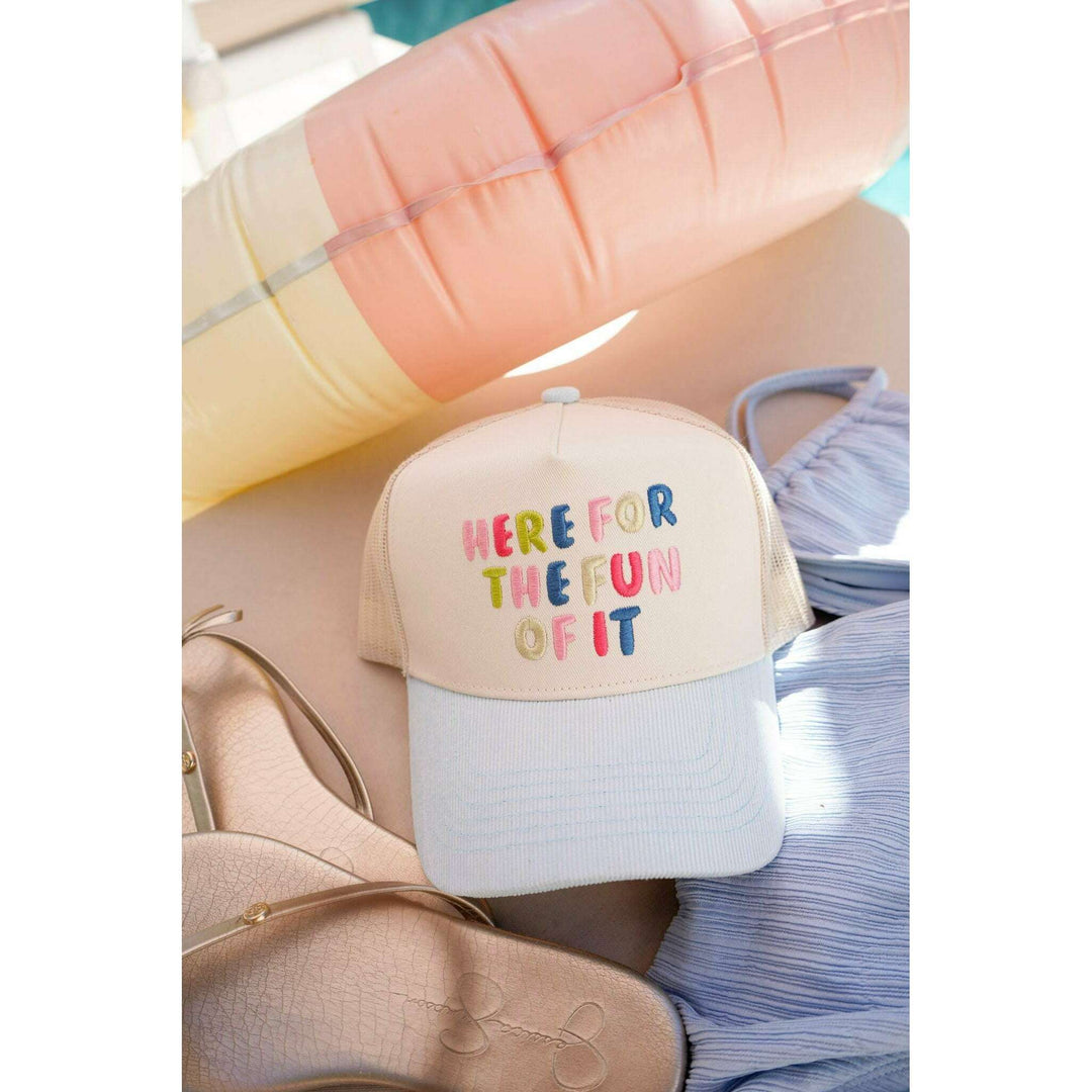 Here for the Fun of it - Baby Blue Corduroy Trucker Hat
