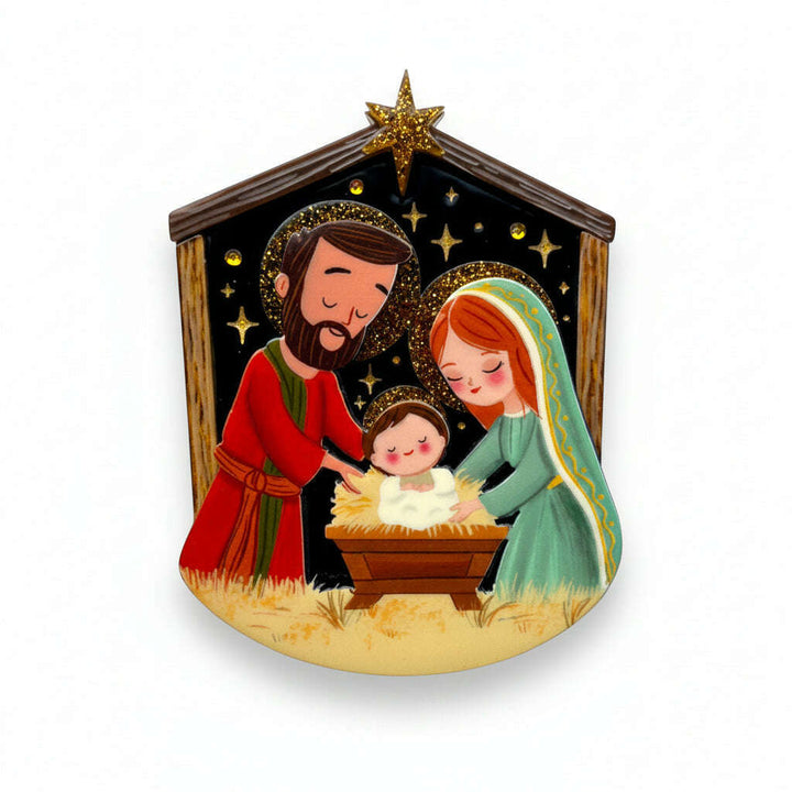 nativity brooch with Mary, Joseph, and baby Jesus in a manger. Holy Night Nativity Brooch by Lipstick & Chrome 