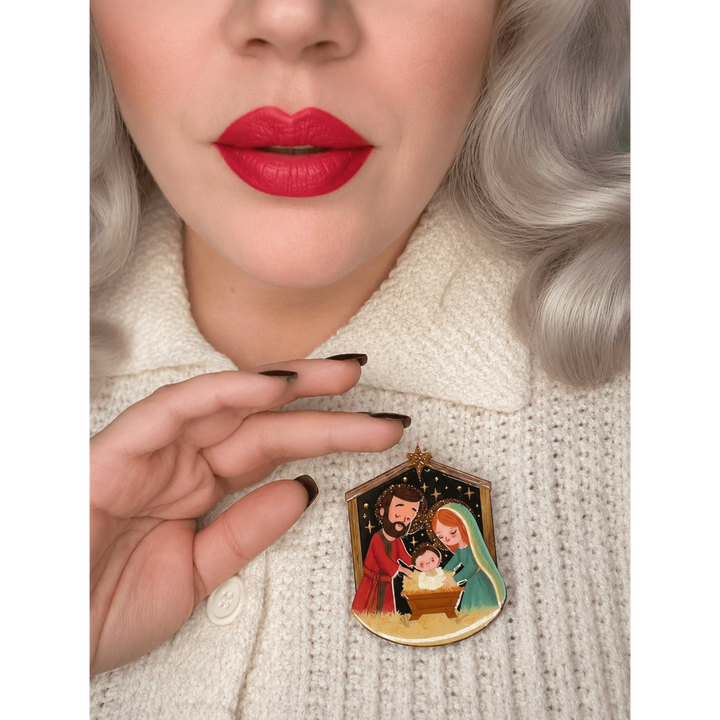 Holy Night Nativity Brooch by Lipstick & Chrome pin model