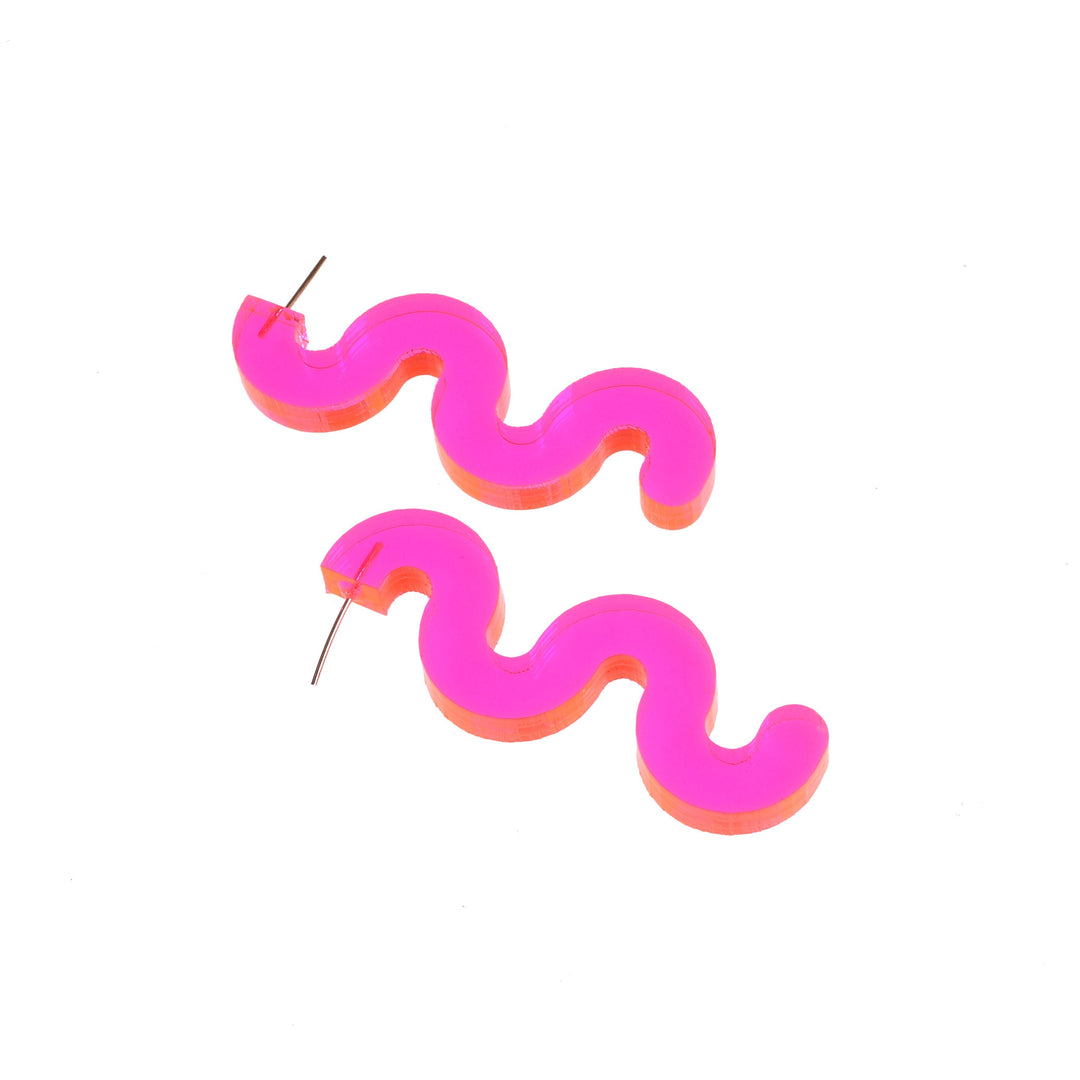Chunky Squiggle Statement Earrings - Black Light Reactive Clear Pink