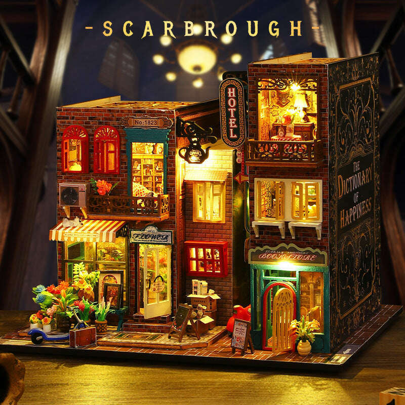 Hotel Scarborough Dollhouse Kit - Miniature Wizardi Roombox Kit with LED Light F07M51-73-ES009-A