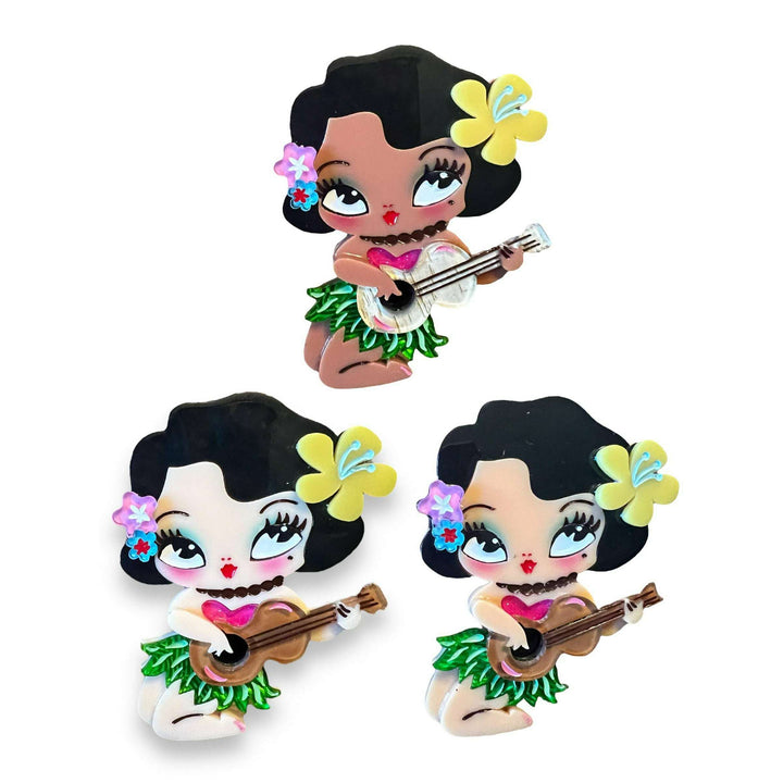 Hula Lula Tiki Girl Brooch by Miss Fluff x Lipstick & Chrome — medium skin tone with ukulele and grass skirt