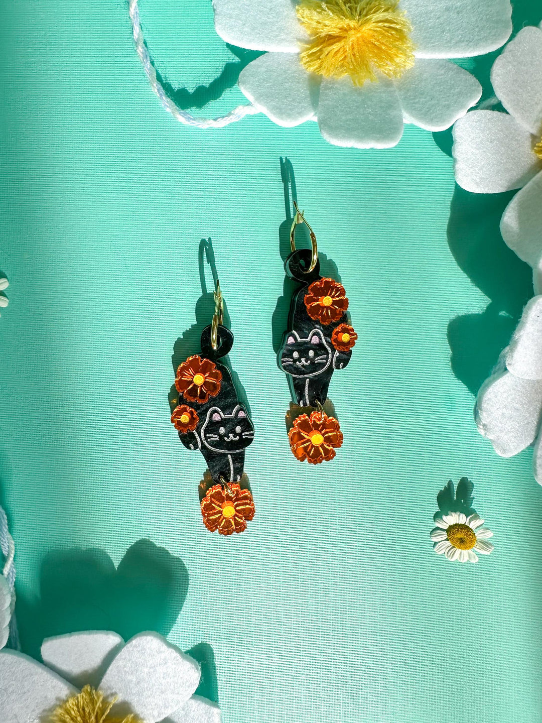 Black Cat with Cosmos Earrings