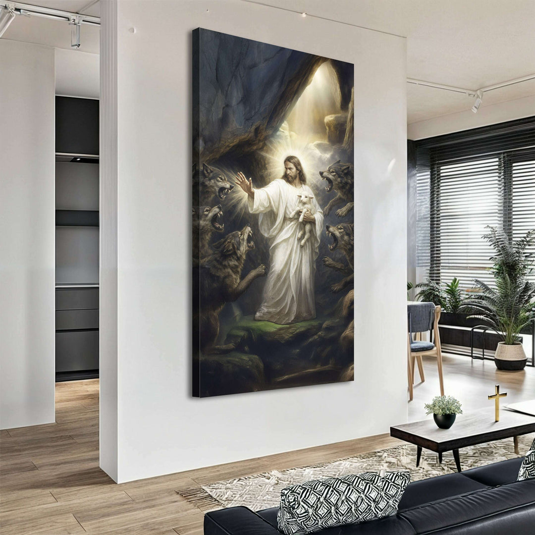Jesus Protects The Lamb From Wolves Faith Wall Art XV