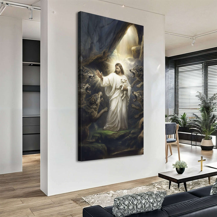 Jesus Protects The Lamb From Wolves Faith Wall Art XV