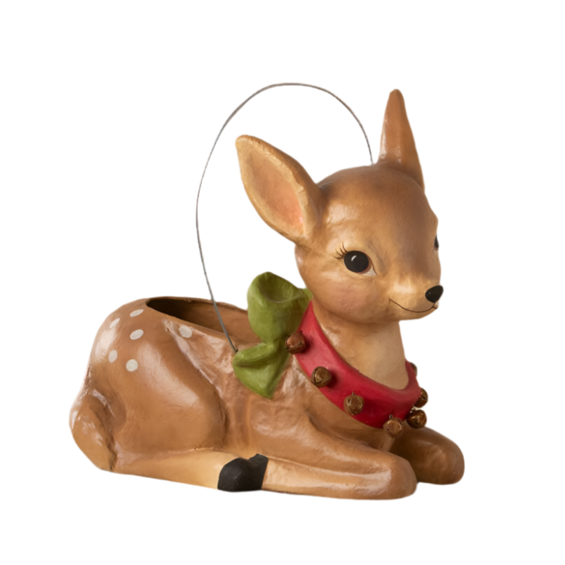 bethany lowe christmas paper mache reindeer bucket with a red collar and jingle bell detail, wearing a green bow at the back, designed for holiday decor.