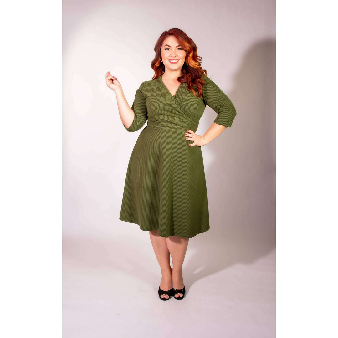 Joanie Knit Dress 3/4 Sleeve - Olive, Brushed Rib Knit