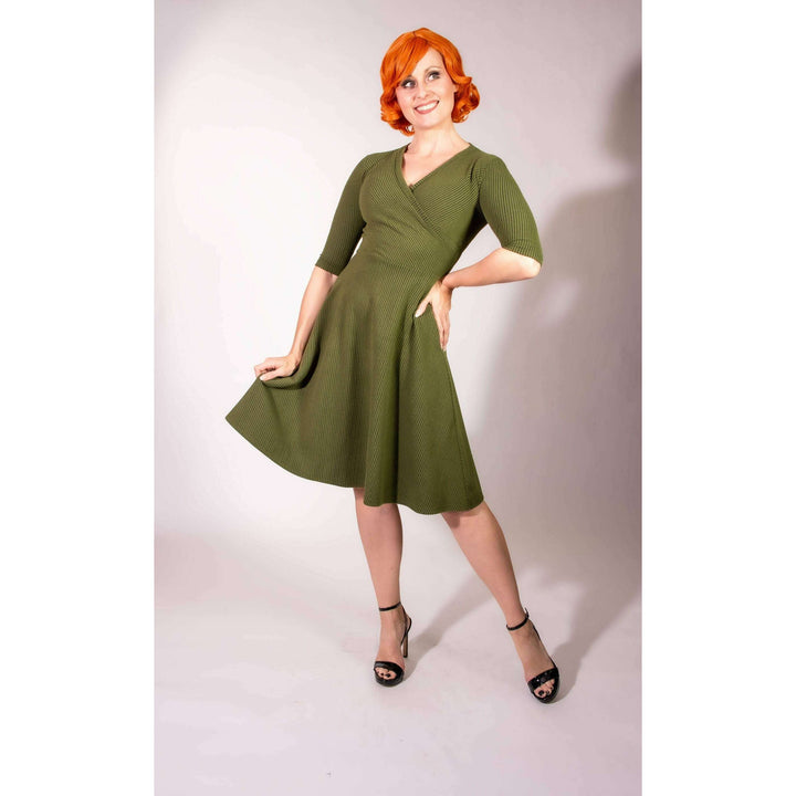 Joanie Knit Dress 3/4 Sleeve - Olive, Brushed Rib Knit