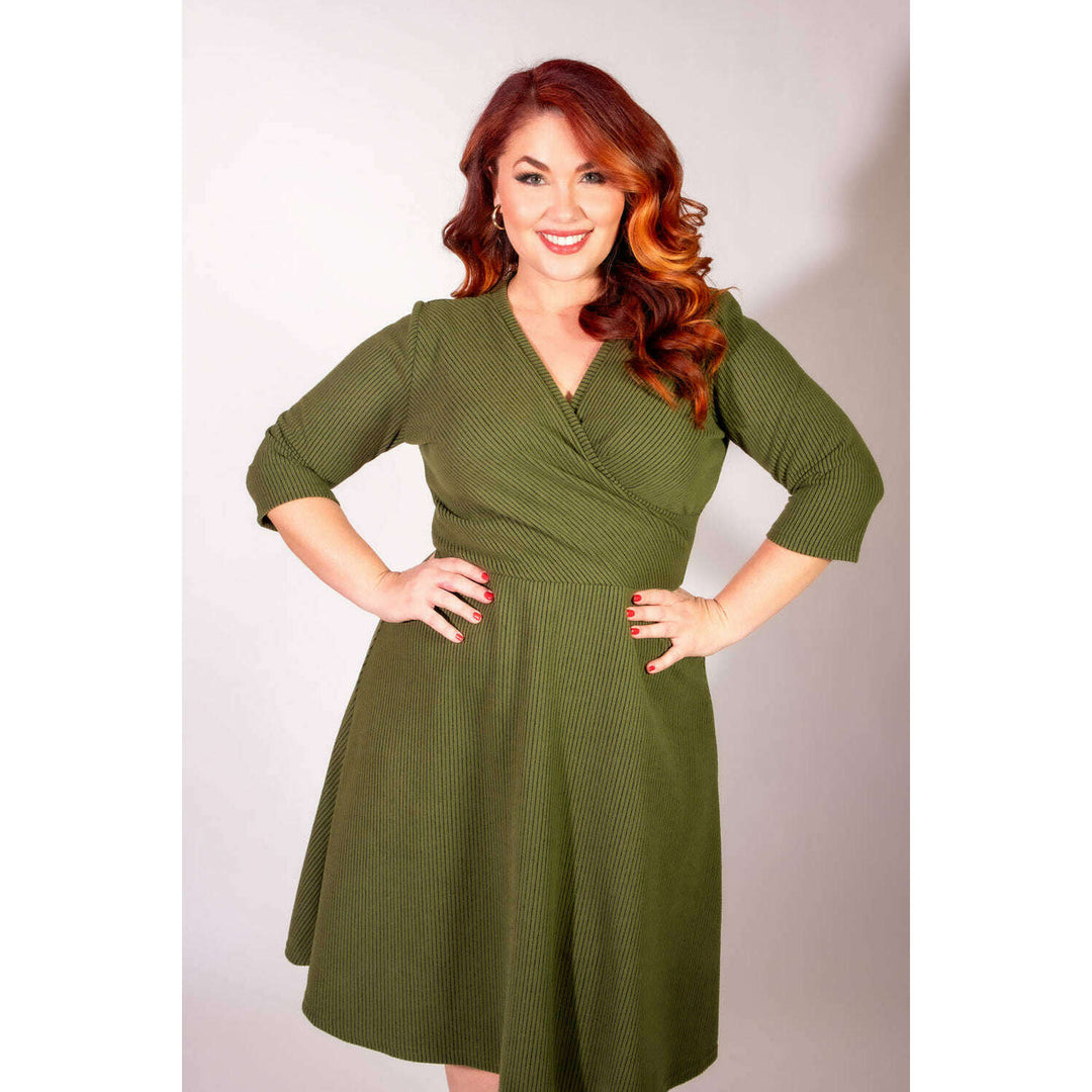 Joanie Knit Dress 3/4 Sleeve - Olive, Brushed Rib Knit