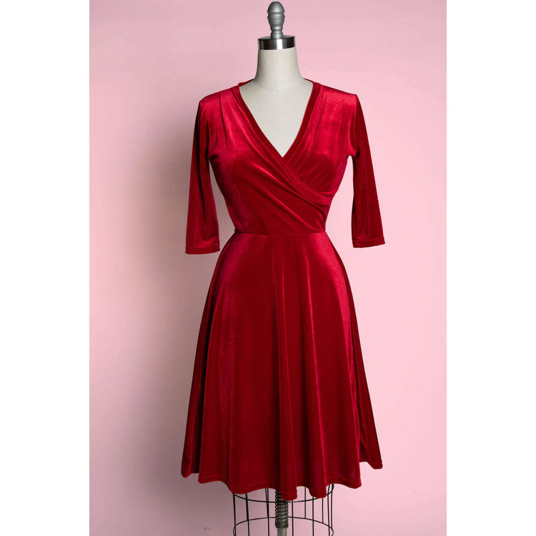 Joanie Knit Dress 3/4 Sleeve - Stretch Velvet, Red