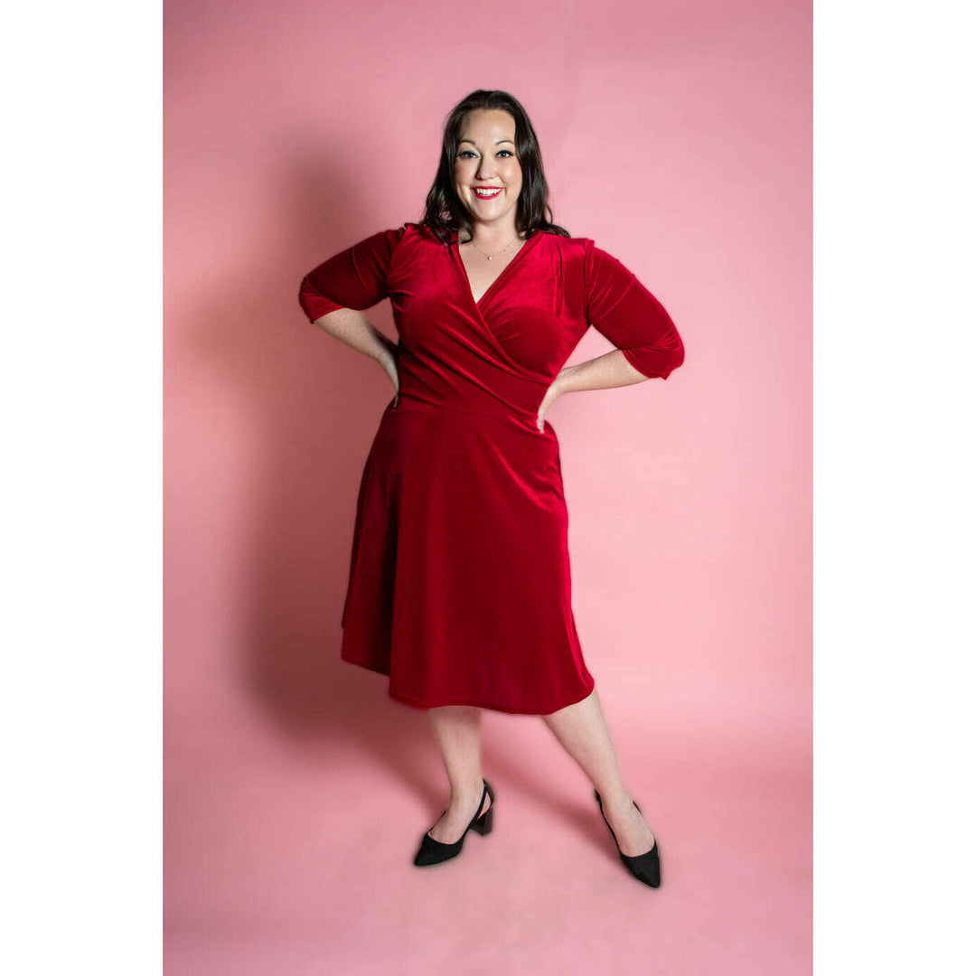 Joanie Knit Dress 3/4 Sleeve - Stretch Velvet, Red