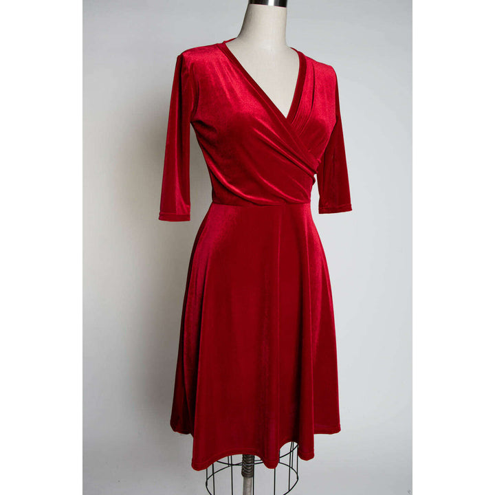 Joanie Knit Dress 3/4 Sleeve - Stretch Velvet, Red