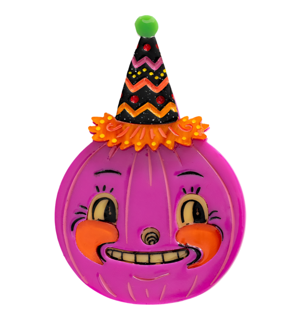 johanna parker halloween colorful brooch featuring a stylized pumpkin with facial expressions and a party hat.