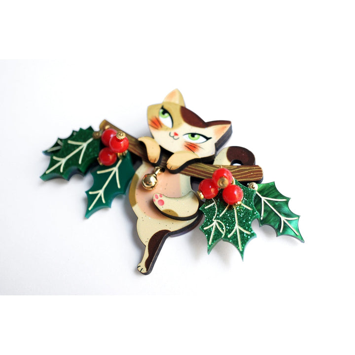 Kitty on A Holly Branch Brooch by Laliblue 2