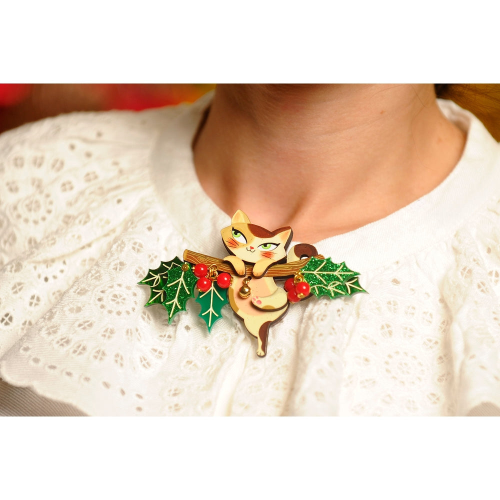 Kitty on A Holly Branch Brooch by Laliblue 3