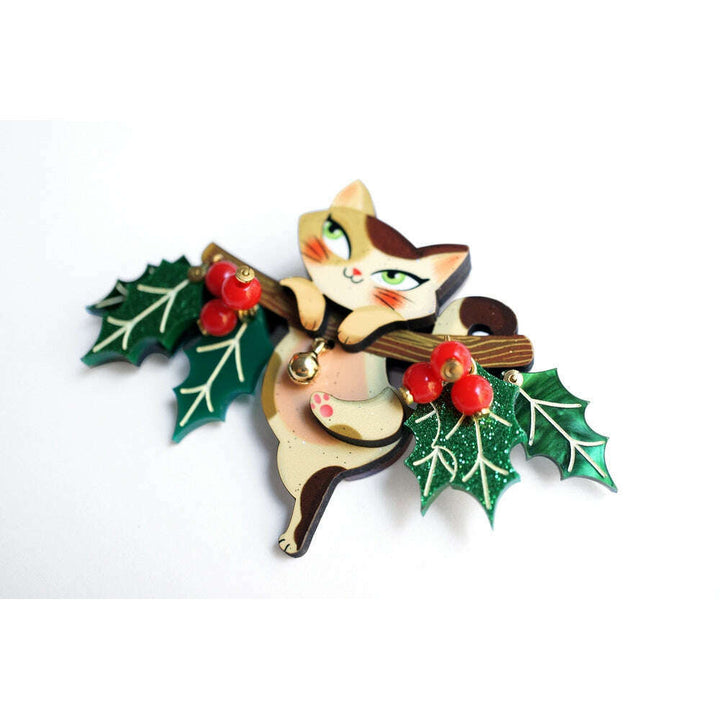 Kitty on A Holly Branch Brooch by Laliblue – view 3