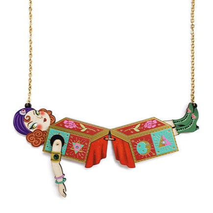 Colorful necklace with a character design on a white background