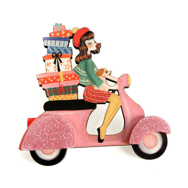 Girl on Scooter with Gifts Brooch by Laliblue